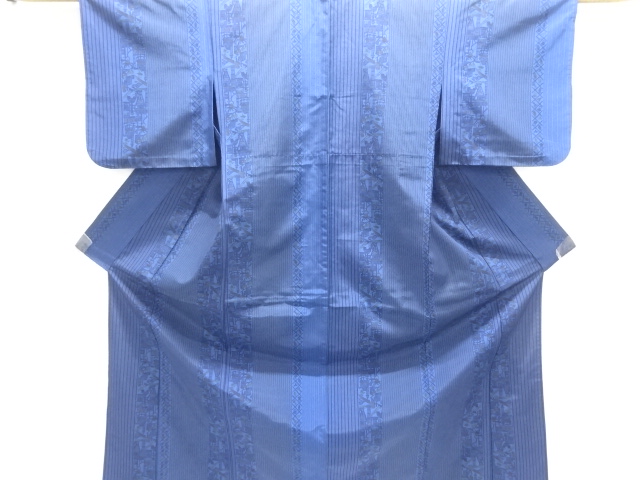 紬地 縞に家屋模様単衣着物